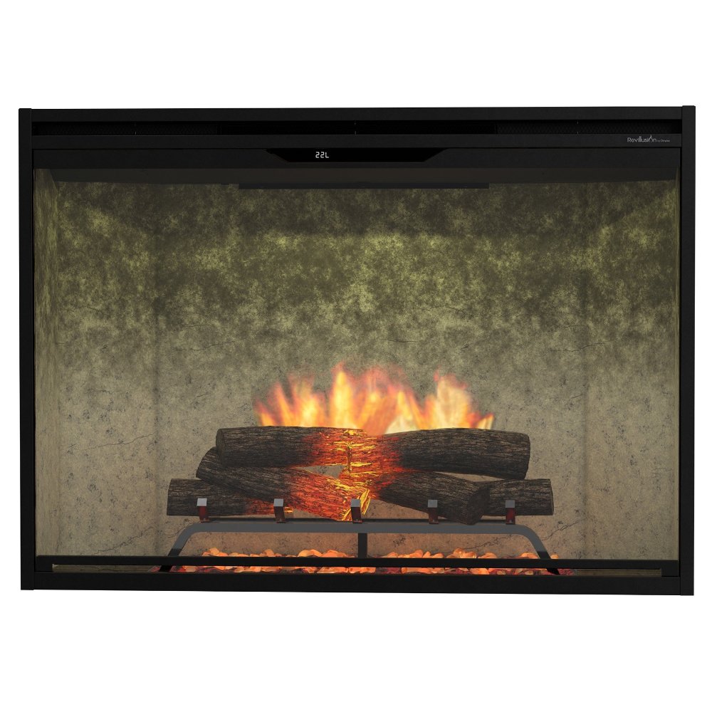 Weathered concrete-look built-in electric firebox with flame effect and log set