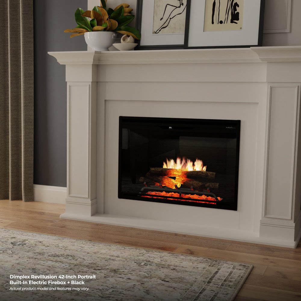 Built-in electric firebox with black frame and flame effect over stacked logs