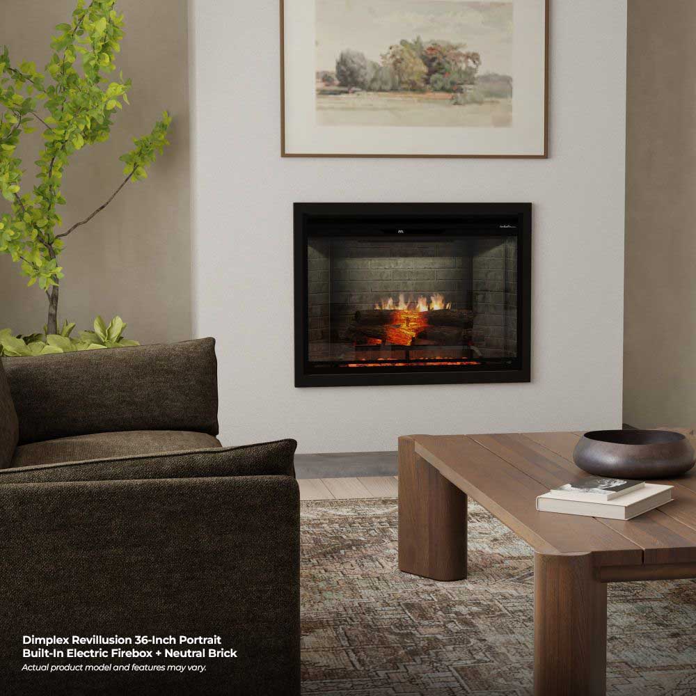 Neutral brick panel built-in electric firebox with realistic flame and log set