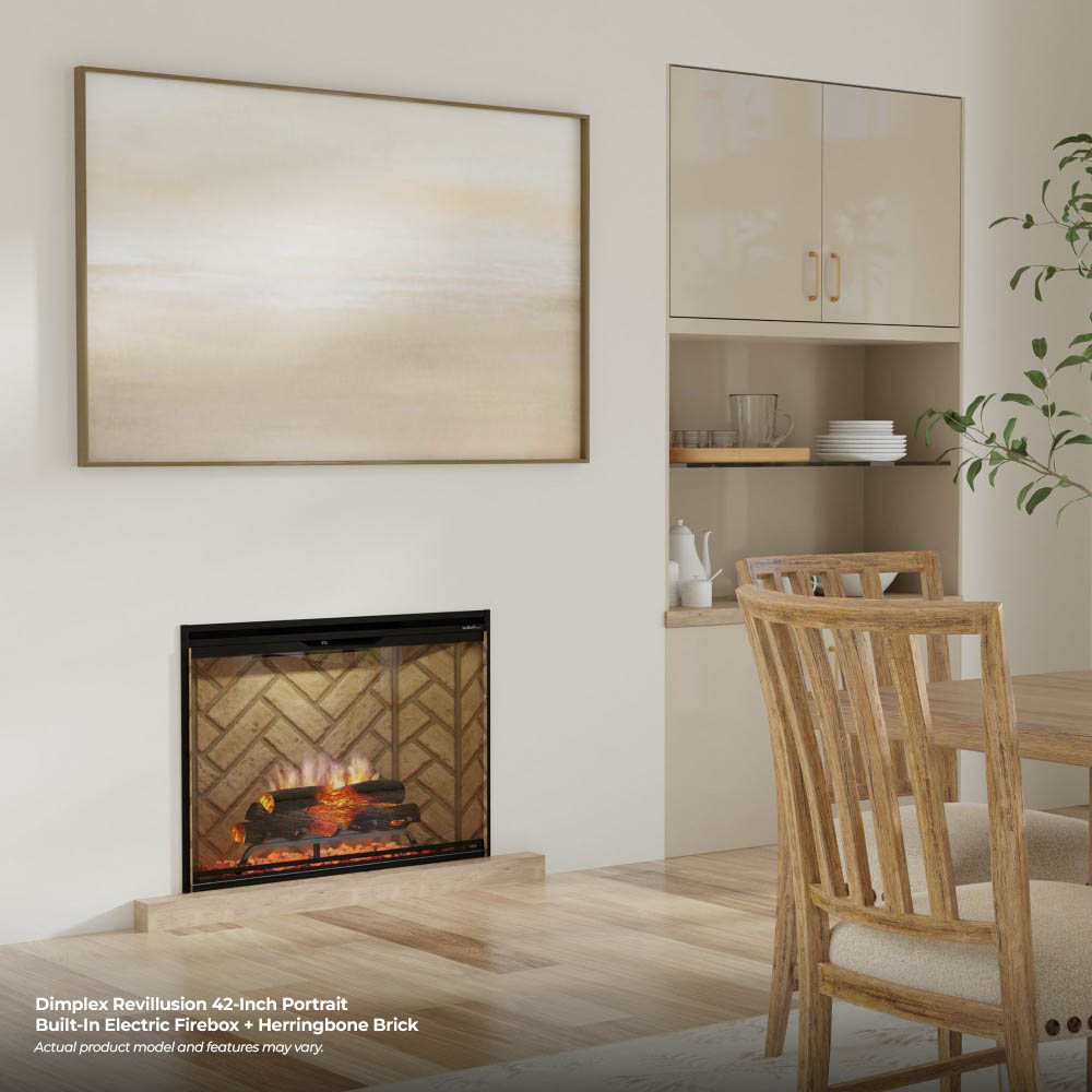 Herringbone brick panel built-in electric firebox with flame effect and log set
