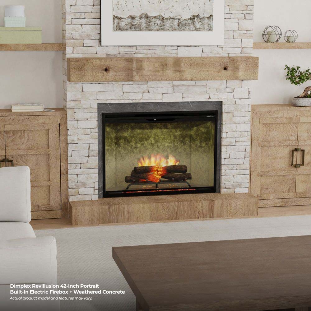 Weathered concrete-look built-in electric firebox with flame effect and log set