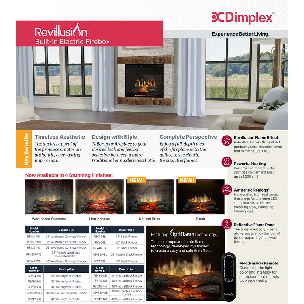 Dimplex Revillusion built-in electric firebox brochure showing flame panel options