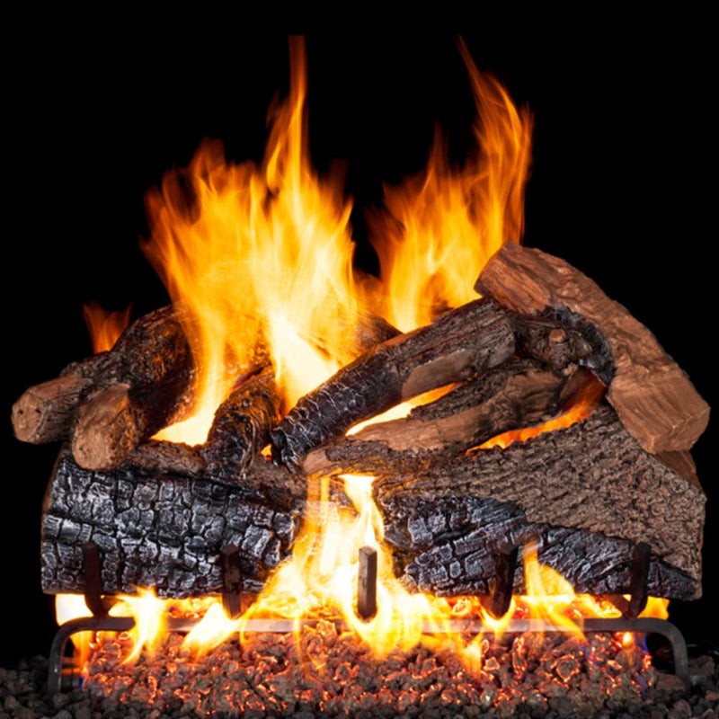 Gas fireplace flame enhancer with burning logs and orange flames over charcoal