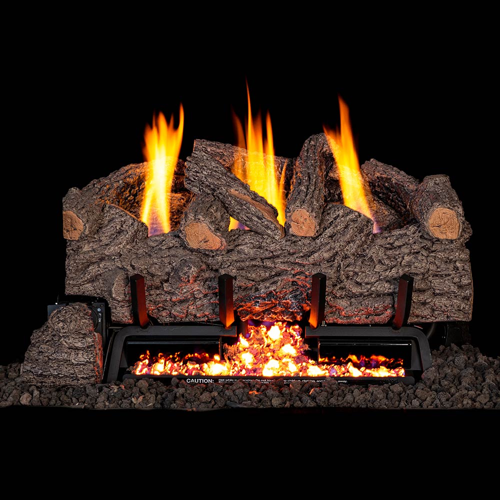 Ventless gas log set with glowing flames and stacked dark gnarled oak logs