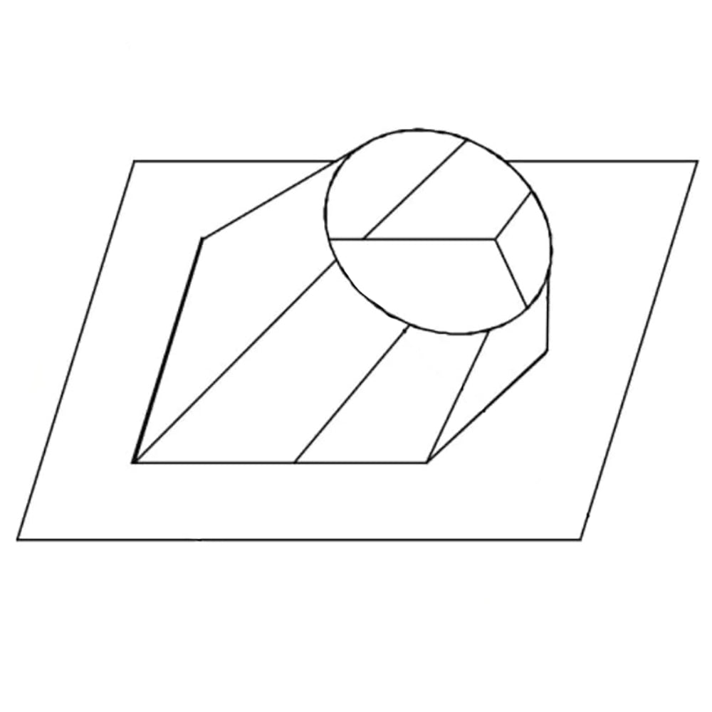 Roof flashing with round pipe opening and pitched roof panel, angled cut lines
