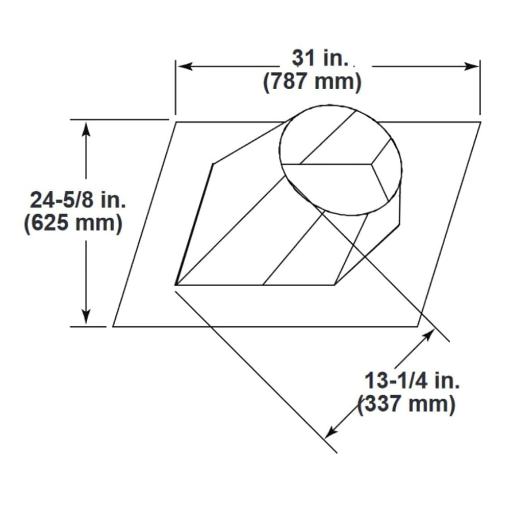 Roof flashing for pitch roof with round pipe opening; 31 in and 24-5/8 in markings
