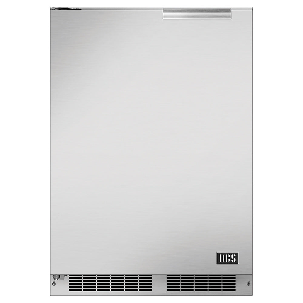 Stainless outdoor refrigerator door with top handle and bottom air intake grilles, DCS logo