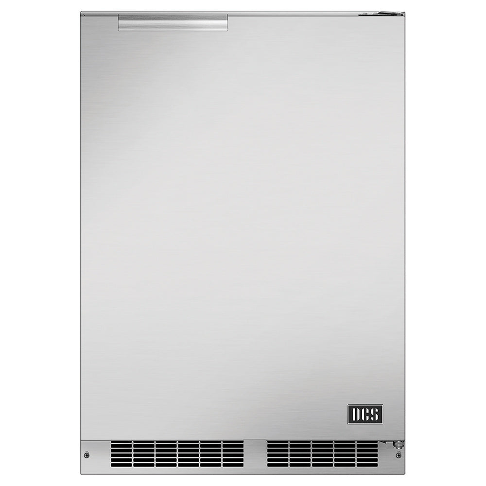 Stainless outdoor refrigerator door with top handle, lower vent grilles, DCS logo
