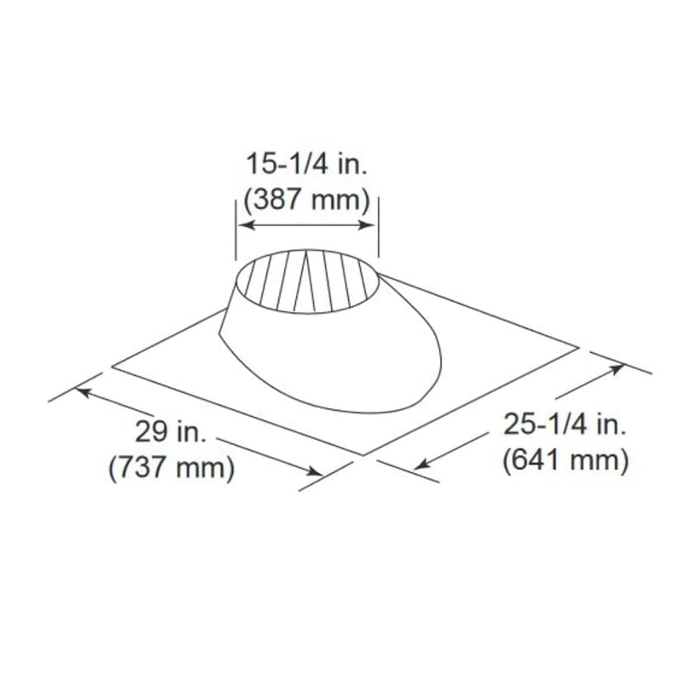 Pitch roof flashing dimensions shown: 29 in by 25-1/4 in, 15-1/4 in collar