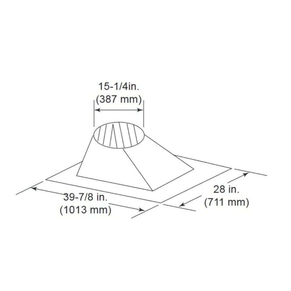 Pitch roof flashing dimensions: 15-1/4 in height, 39-7/8 in base, 28 in length