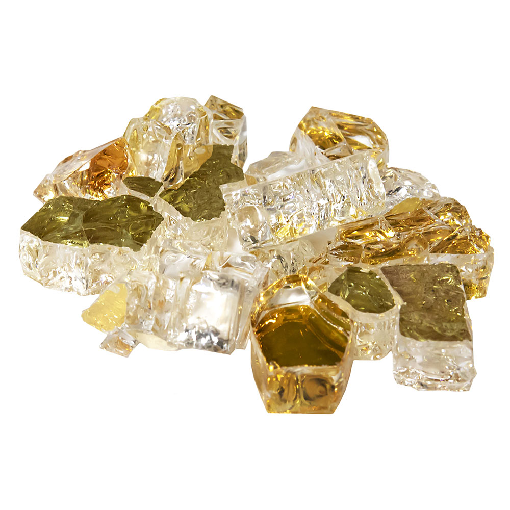 Amber and gold reflective fire glass chunks, mixed clear shards