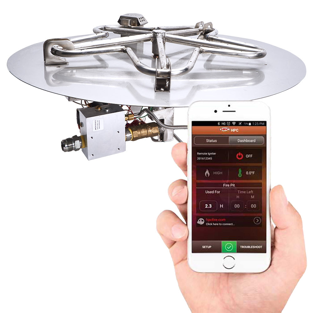 Gas fire pit ignition kit with round flat pan, valve assembly, and smartphone control app