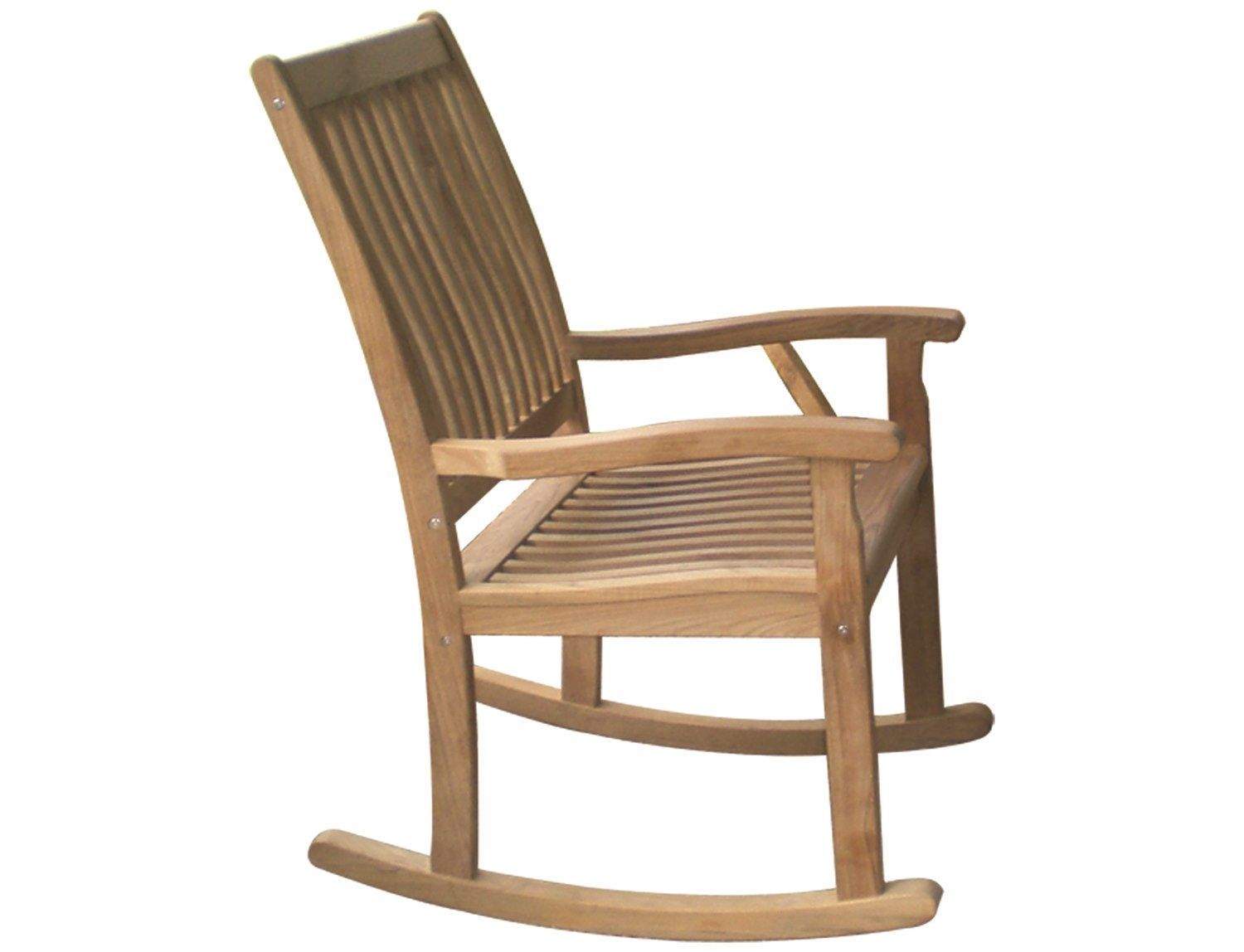 Wooden high-back rocking chair with slatted seat and back, curved rockers.