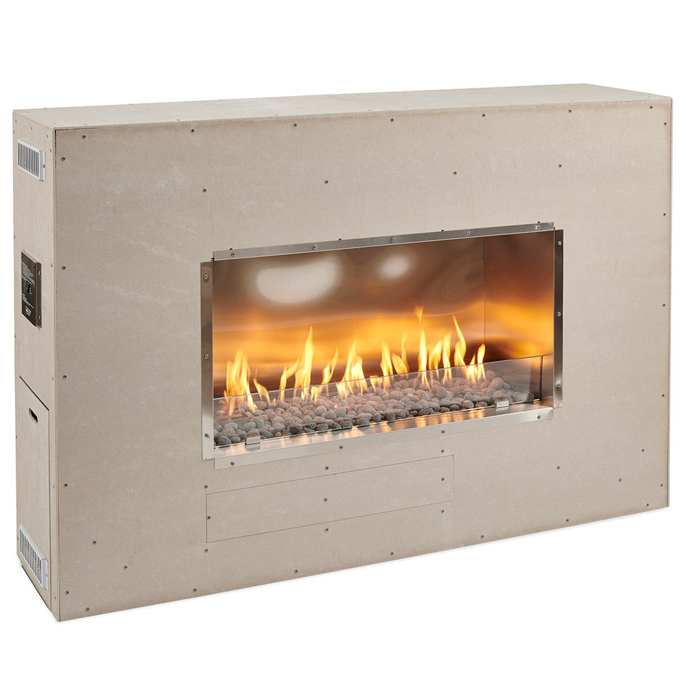 Linear ready-to-finish fireplace insert with glass front and burning flames