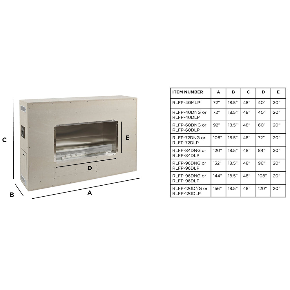 Linear fireplace insert size chart with labeled dimensions A–E
