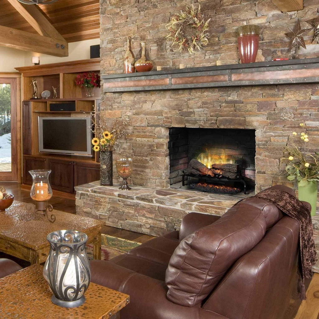 Plug-in electric log set with faux wood logs and yellow flame glow in black firebox