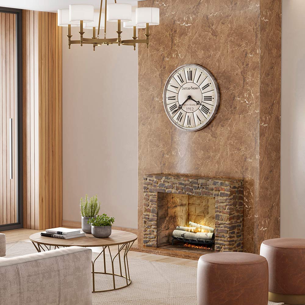 Birch-style electric fireplace log kit with logs in a stone surround fireplace