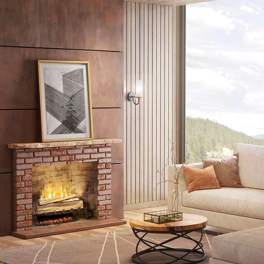 Electric fireplace with faux log accessory set burning in a brick hearth
