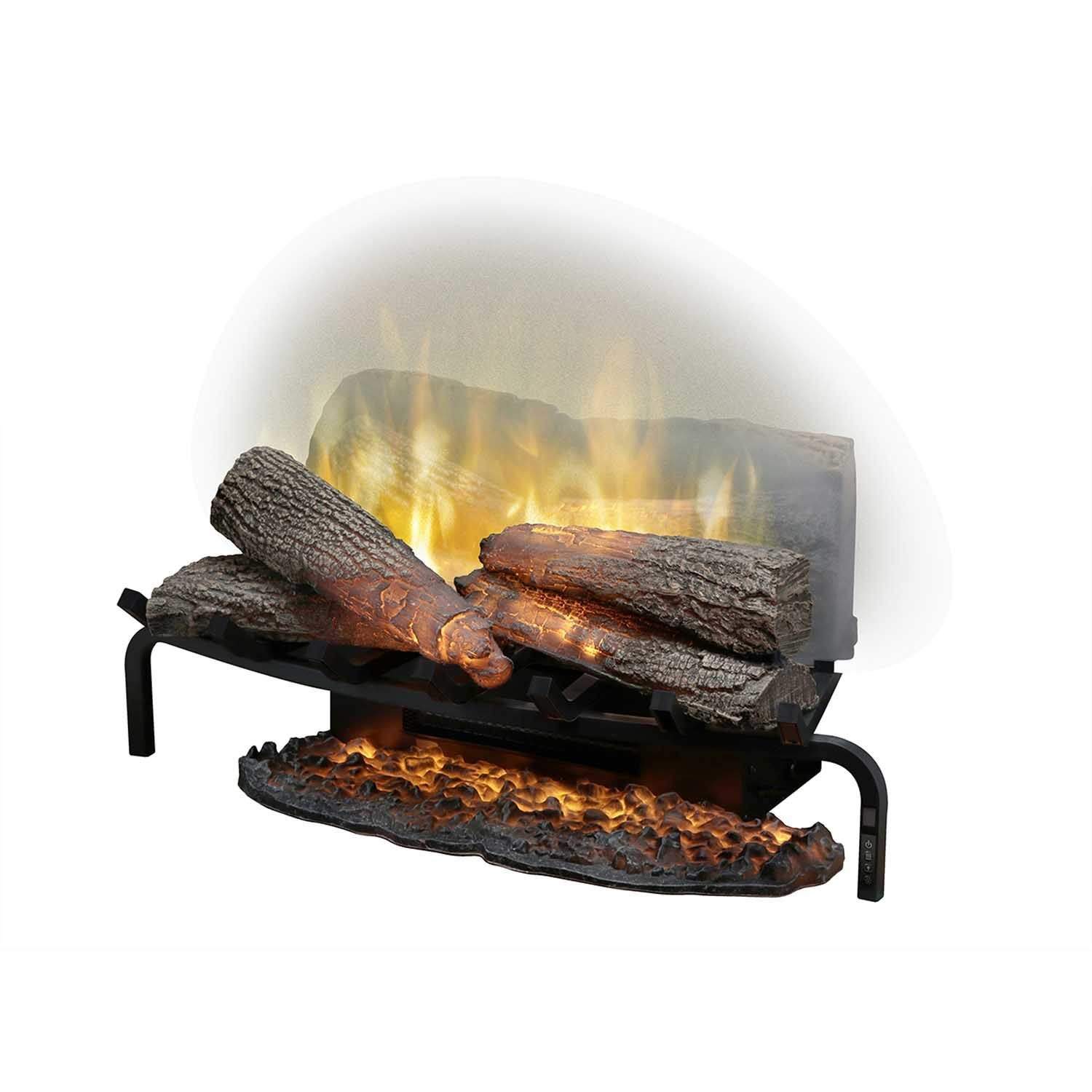 Plug-in electric log set close-up: faux logs with glowing ember bed and yellow flames