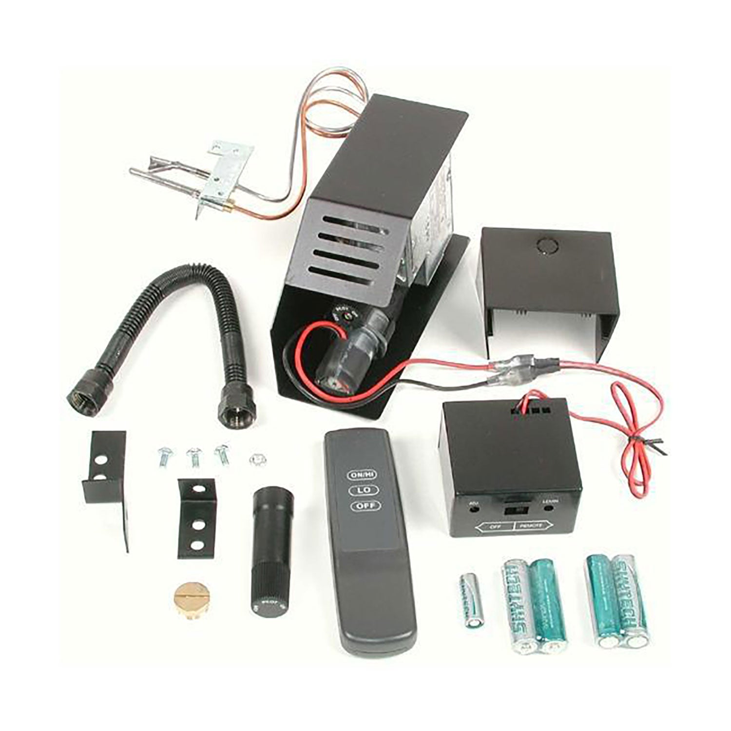 Variable flame safety pilot kit with remote, black control module, wiring, mounting parts