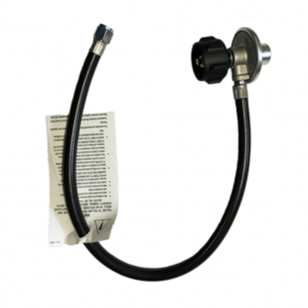 Propane hose regulator with black rubber hose and flare fitting, POL end