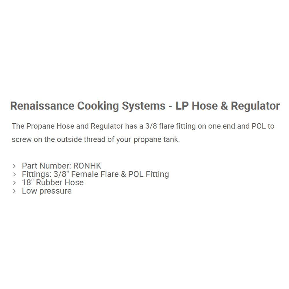 Propane hose and regulator specifications card showing 3/8 flare and POL fitting