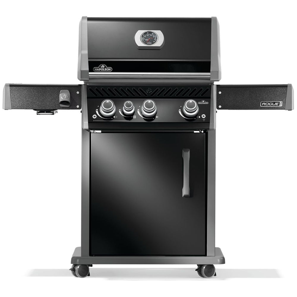 Gas grill on cart with open lid, control knobs, and side burner shelf