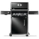 Gas grill on cart with open lid, control knobs, and side burner shelf