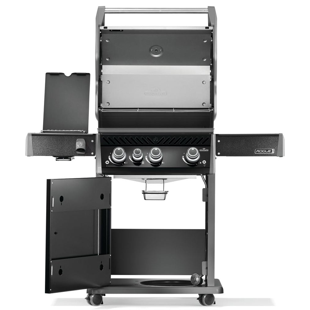 Gas grill on cart with open doors and access panels, side burner attached