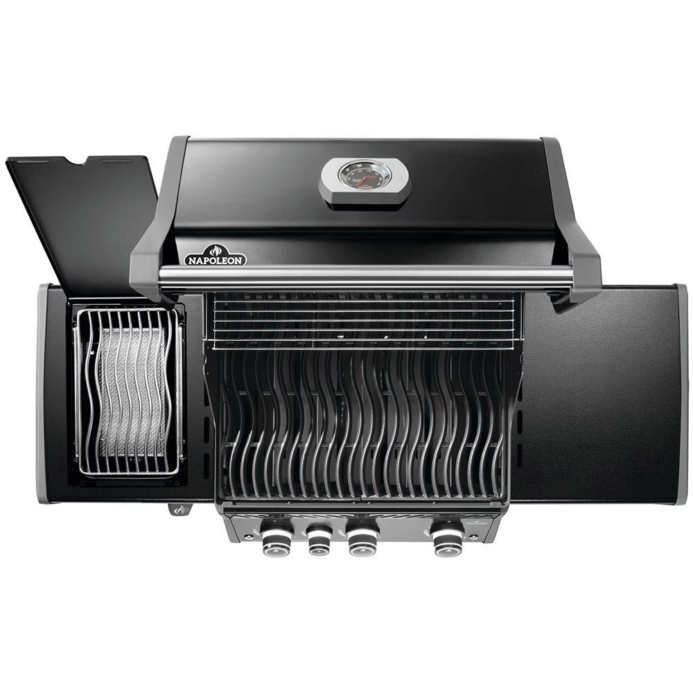 Gas grill with open hood showing rear infrared-style burner and grill grates