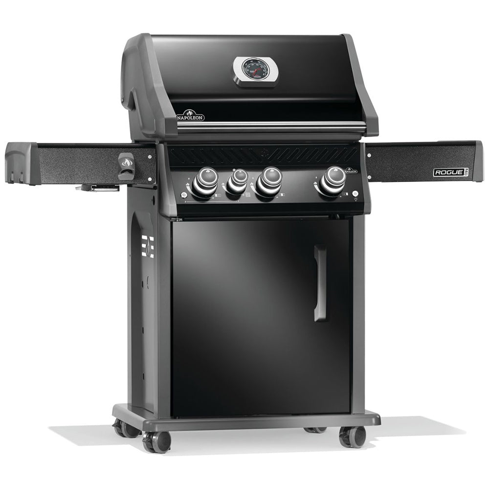 Gas grill on cart with control panel and side shelf, dark cabinet door closed