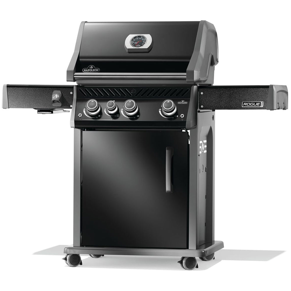 Gas grill on cart front view with control knobs and side burner shelf