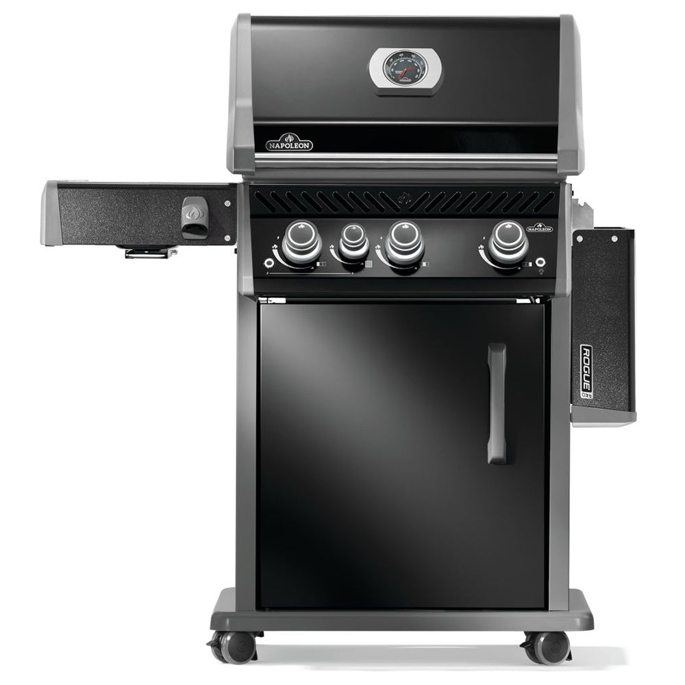 Gas grill on cart with right-side cabinet door and control panel