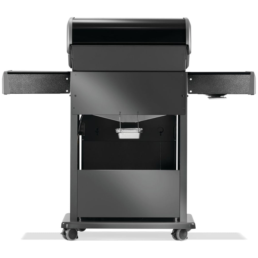Gas grill on cart with open hood and open internal storage compartment