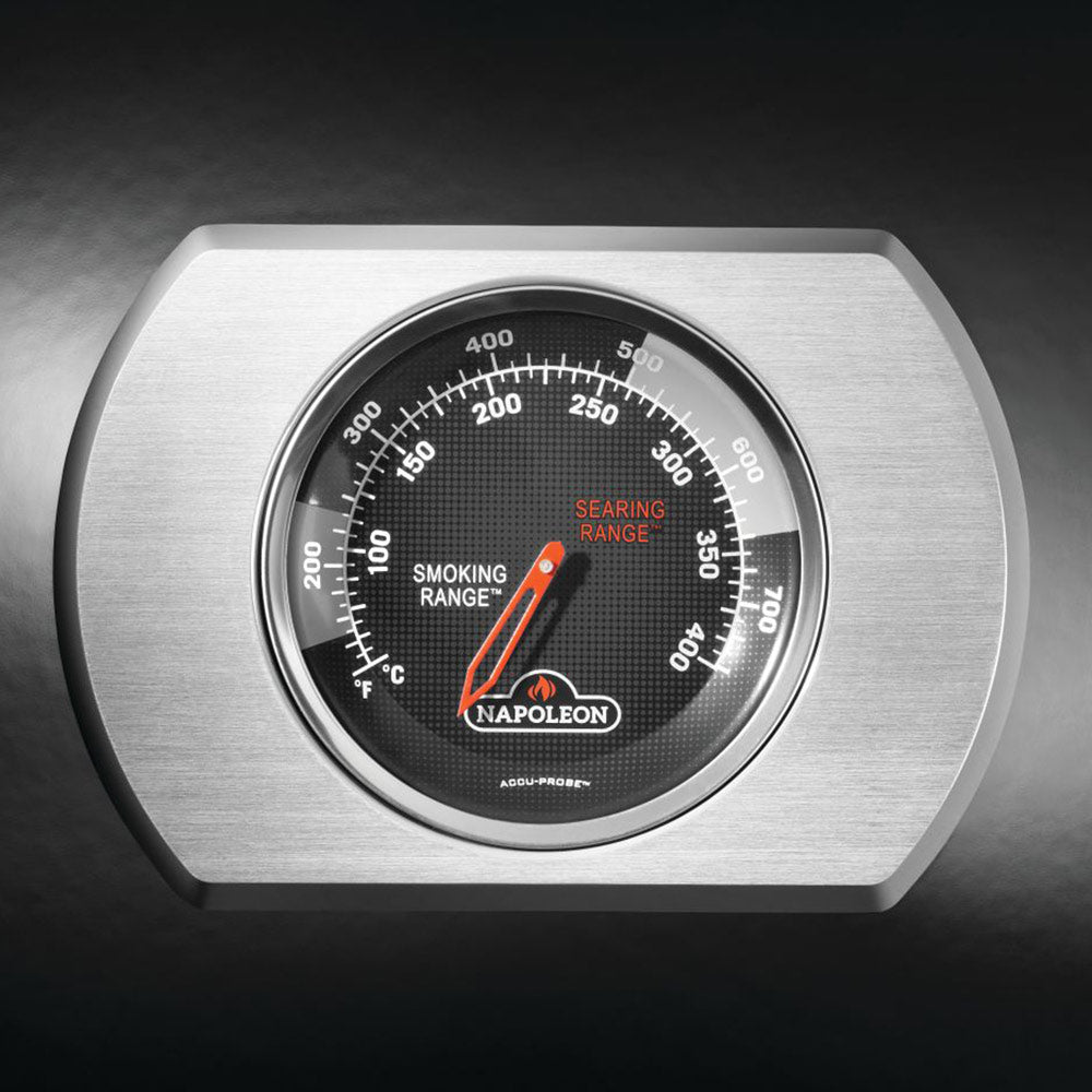 Grill thermometer with temperature scale and cooking ranges graphic
