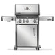 Gas grill on cart with front control knobs and side shelves in stainless finish