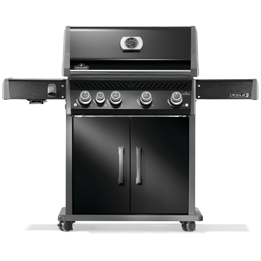 Black gas grill with control knobs, cart base, and side burner on left