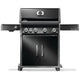 Black gas grill with control knobs, cart base, and side burner on left