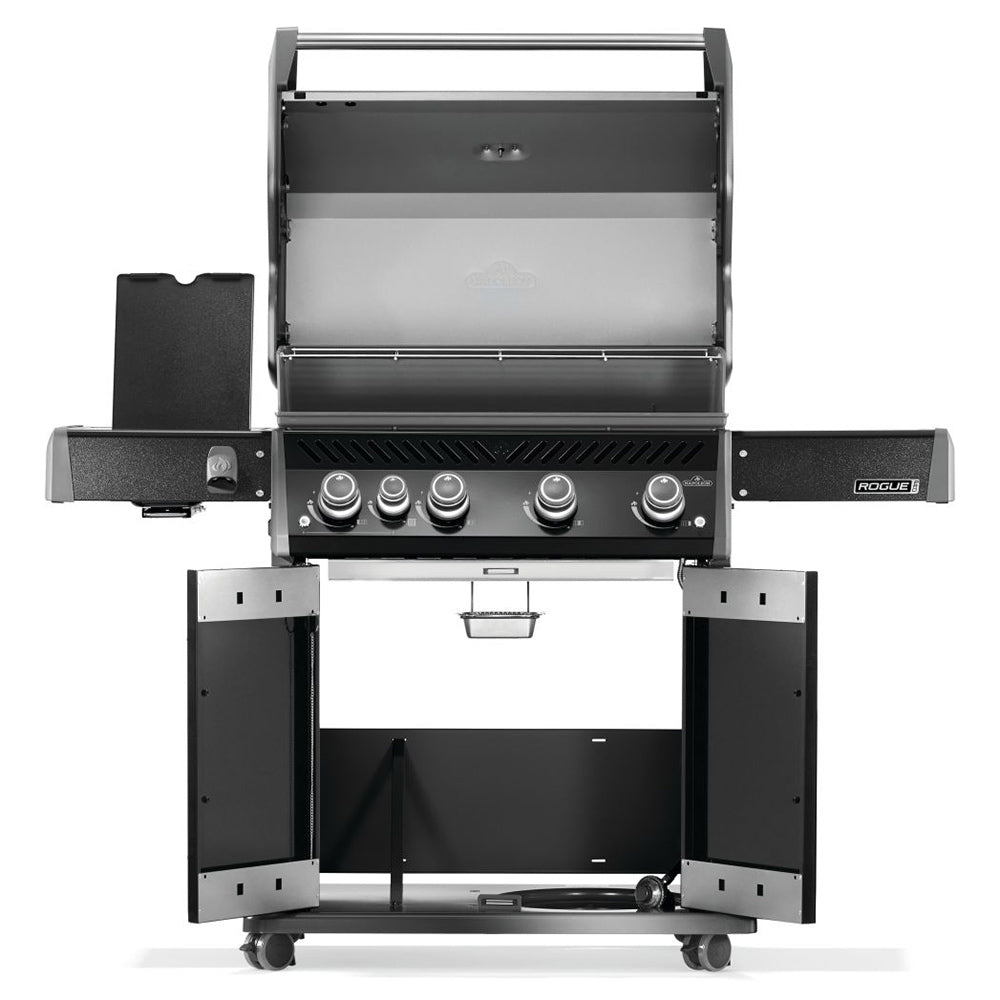 Gas grill with open cabinet doors, side burner, and control panel with knobs