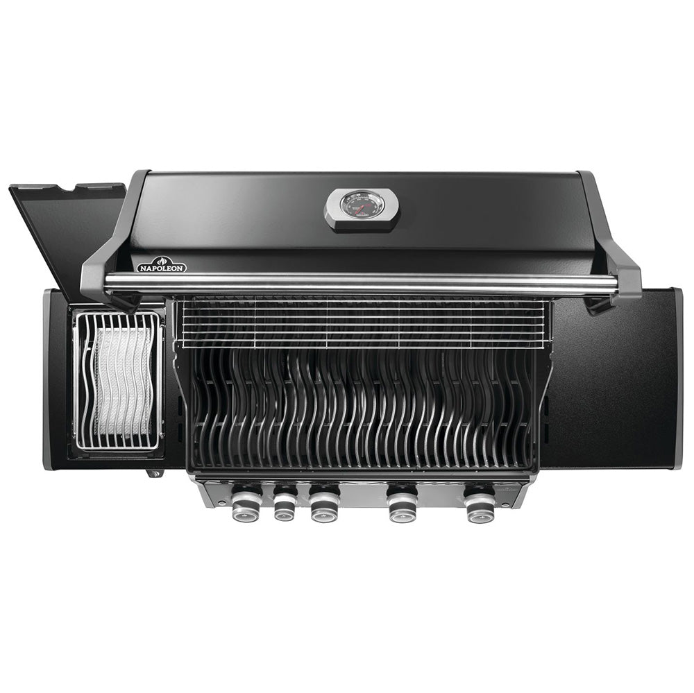 Stainless gas grill with open lid showing wire cooking grids and burner tubes
