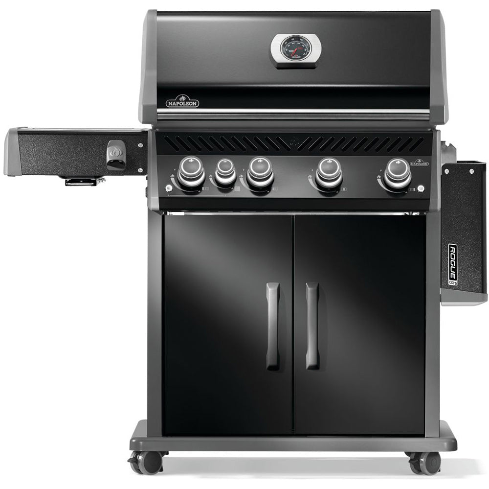 Black gas grill with control knobs, open cabinet doors, and side burner
