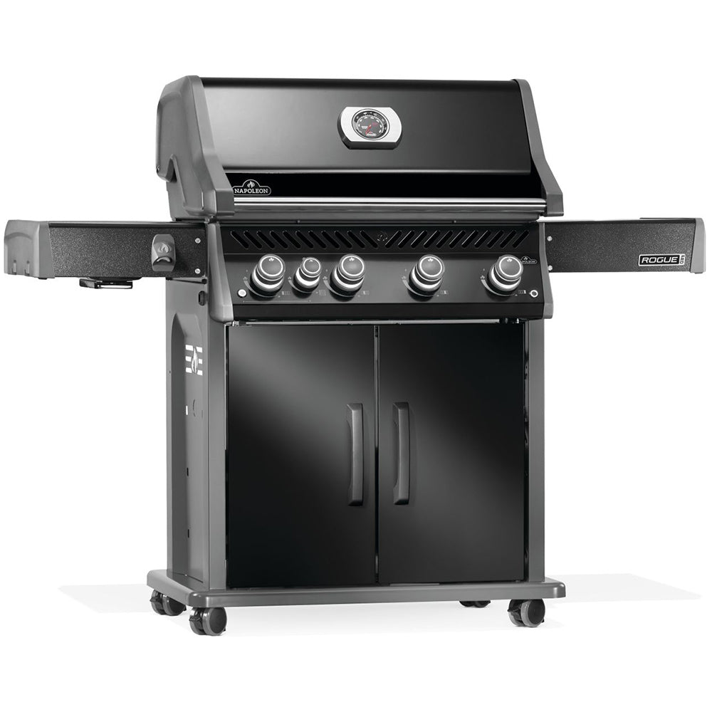 Stainless gas grill with side burner, control knobs, and cart storage doors