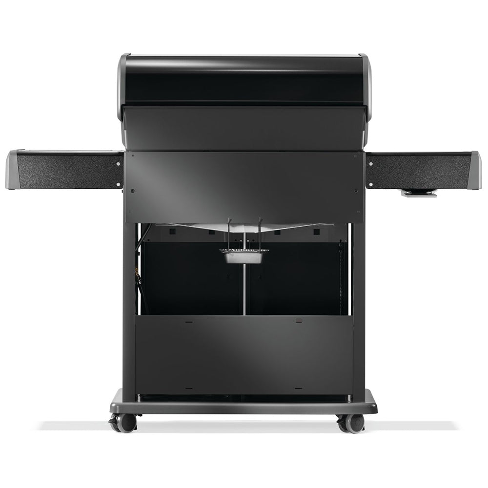 Black gas grill with open lid, side panels, and central warming rack