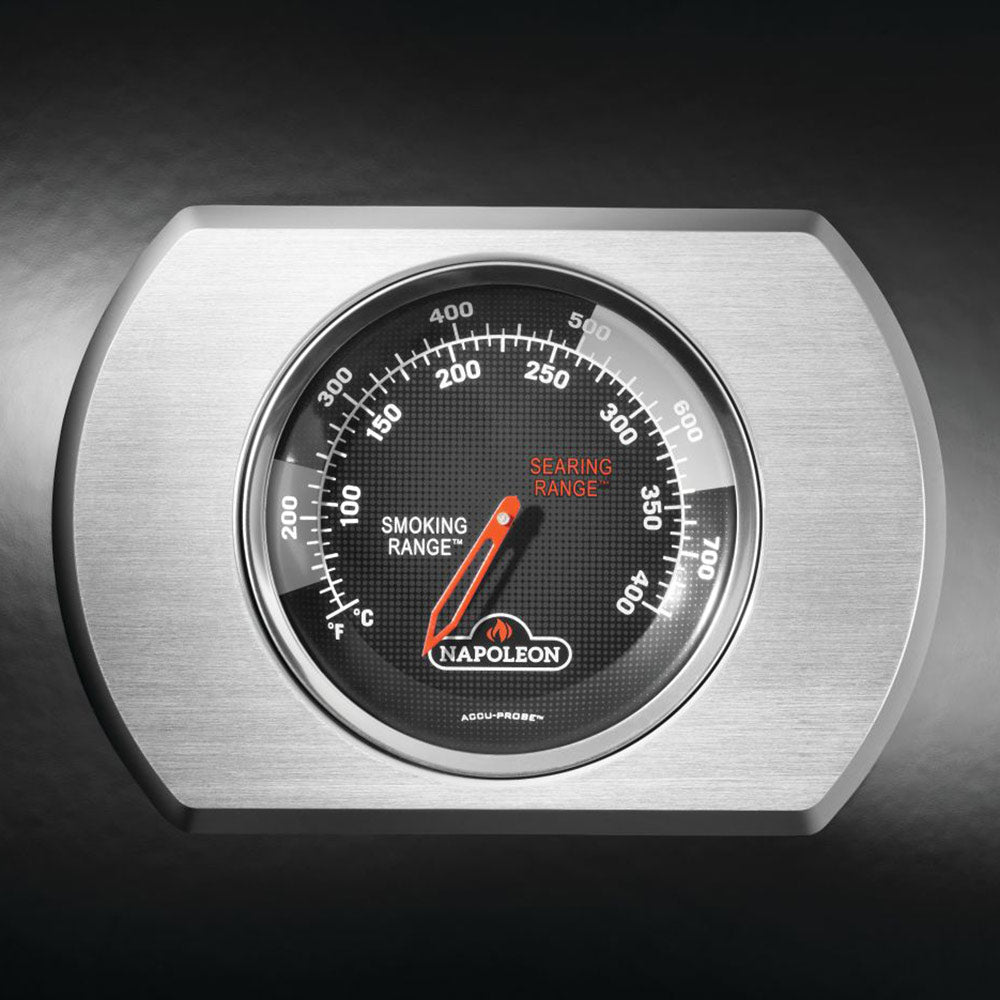 Stainless grill temperature gauge with searing and smoking range markings
