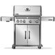 Stainless gas grill with control knobs, open cabinet doors, and side burner