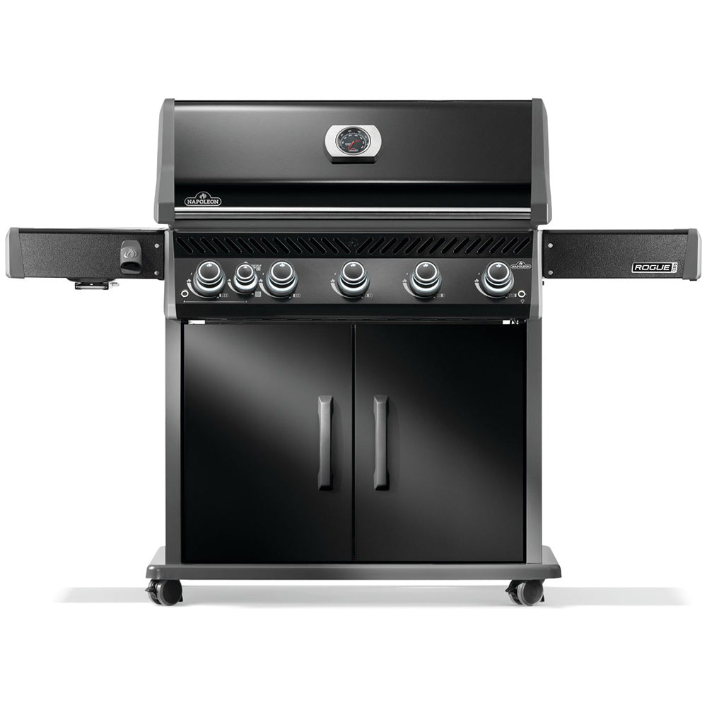 Black gas grill on cart with side shelves and control knobs