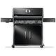 Black gas grill on cart with side shelves and control knobs