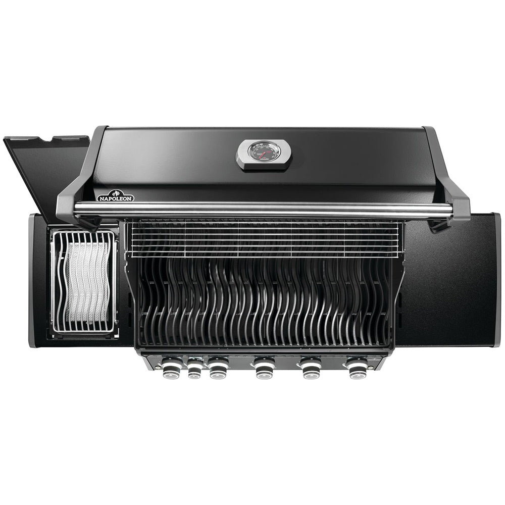 Black gas grill with open hood showing burner grates and heating elements