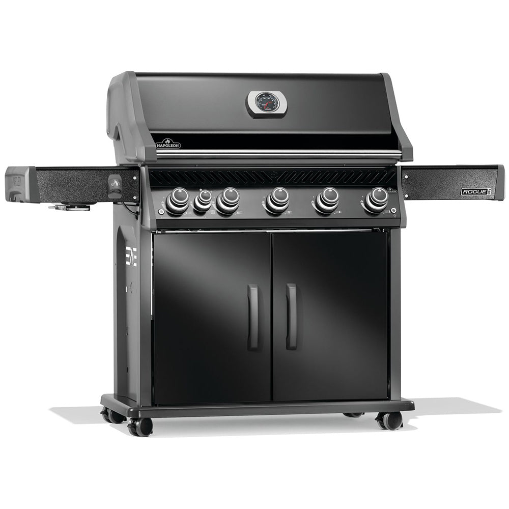 Black gas grill on cart with front cabinet doors and control panel knobs
