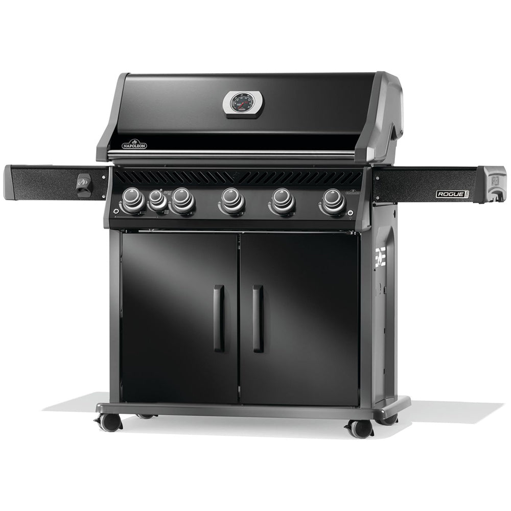 Stainless and black gas grill on cart with control knobs and side burner
